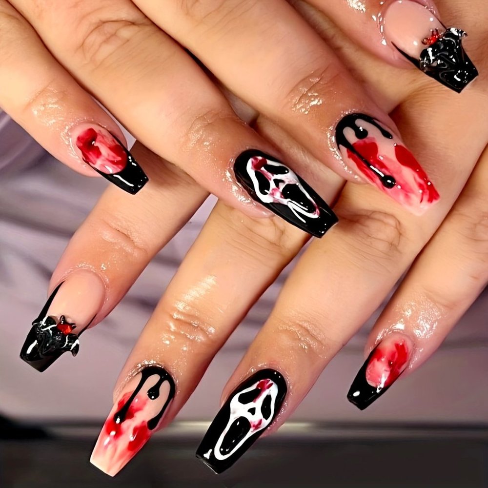 🖤🎃 NEW Luxury Scream Movie Ghostface Halloween 3D Coffin Blood Long Nails 👻